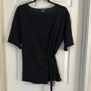 Boston Proper Black Wrap Blouse with Tie Front cotton cashmere blend small